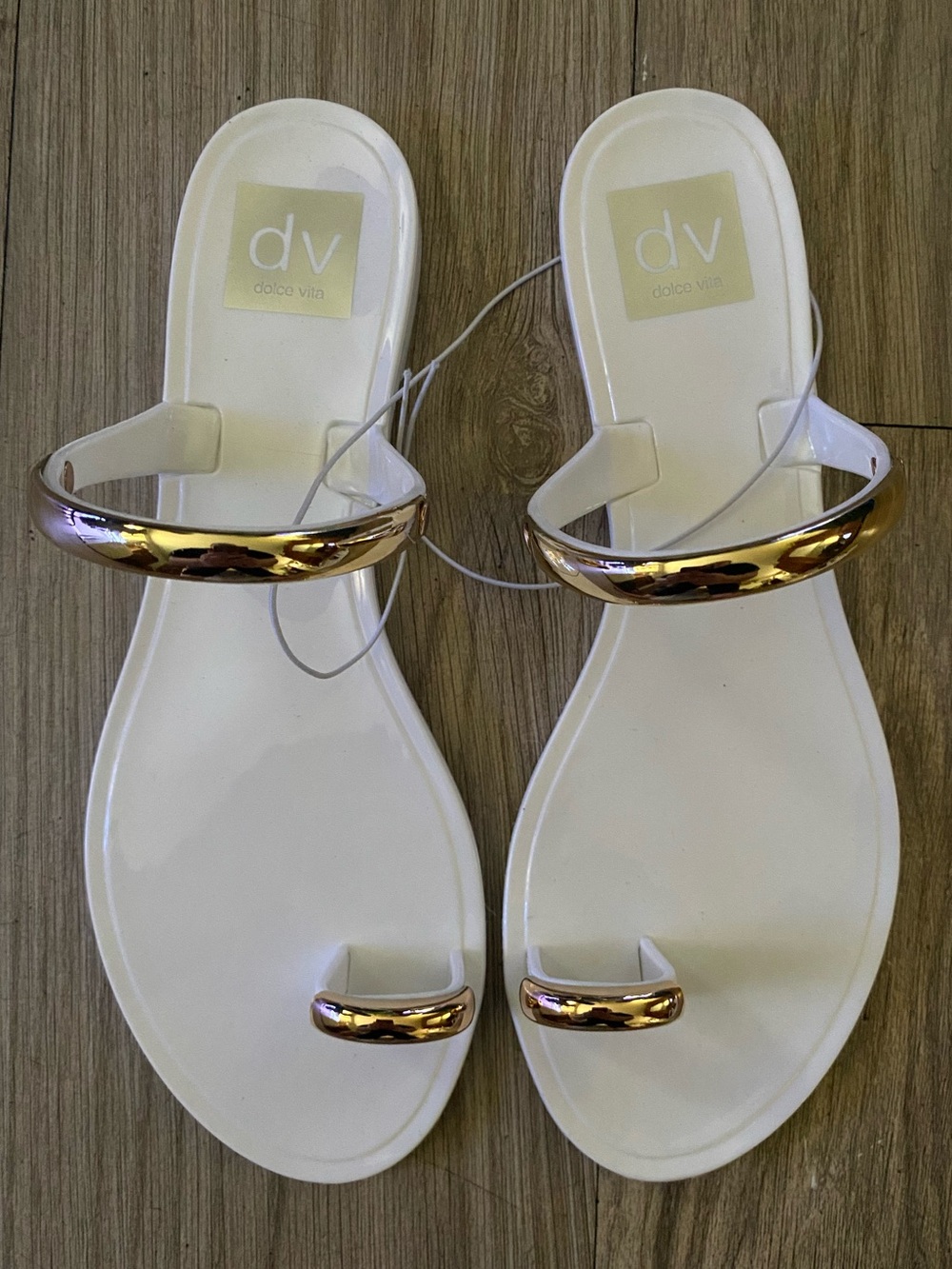 Dolce Vita Ivonna White Slide Sandals with Gold Accents